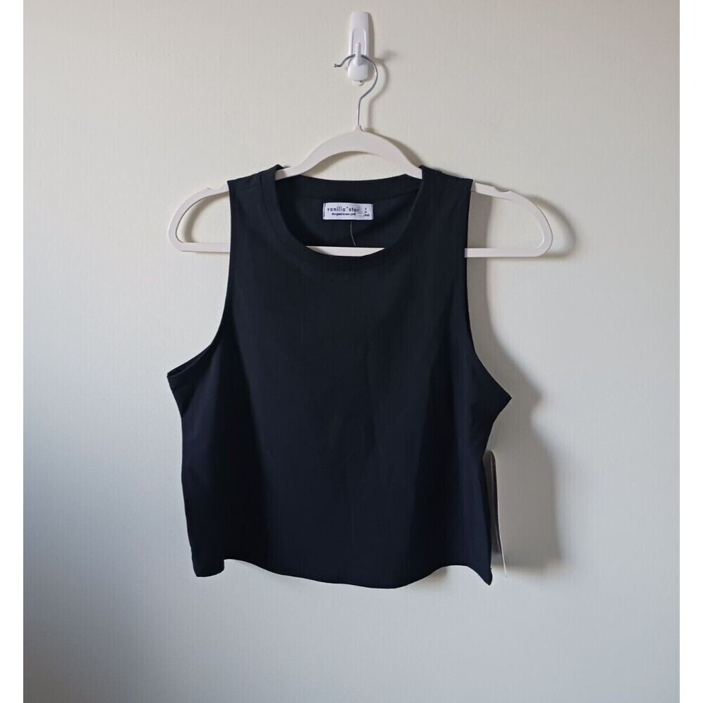 Vanilla Star Womens Black Active Crop Tank Top Stretch Yoga Gym Size S